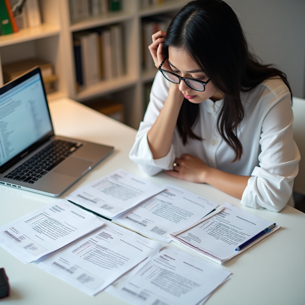 Inforytica coordinator reviewing candidate profiles on computer screen with notes